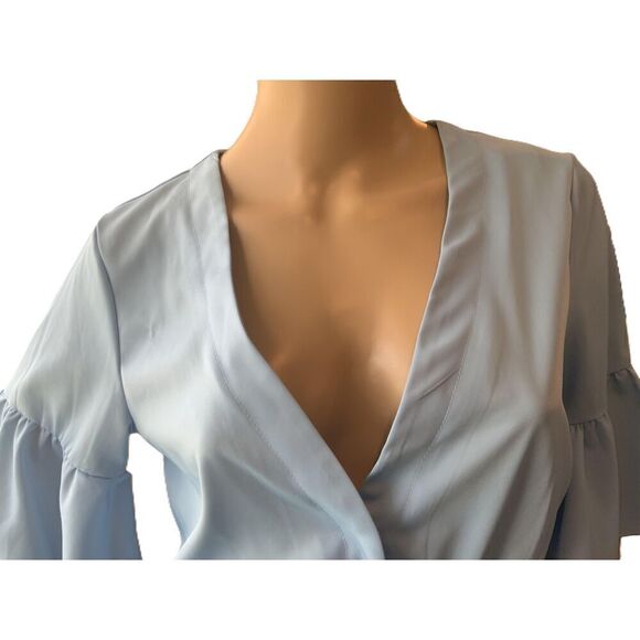 SHEIN Light Blue Bell Sleeves V-Neck Elastic Waist Tie Jumpsuit Size S - Picture 3 of 15